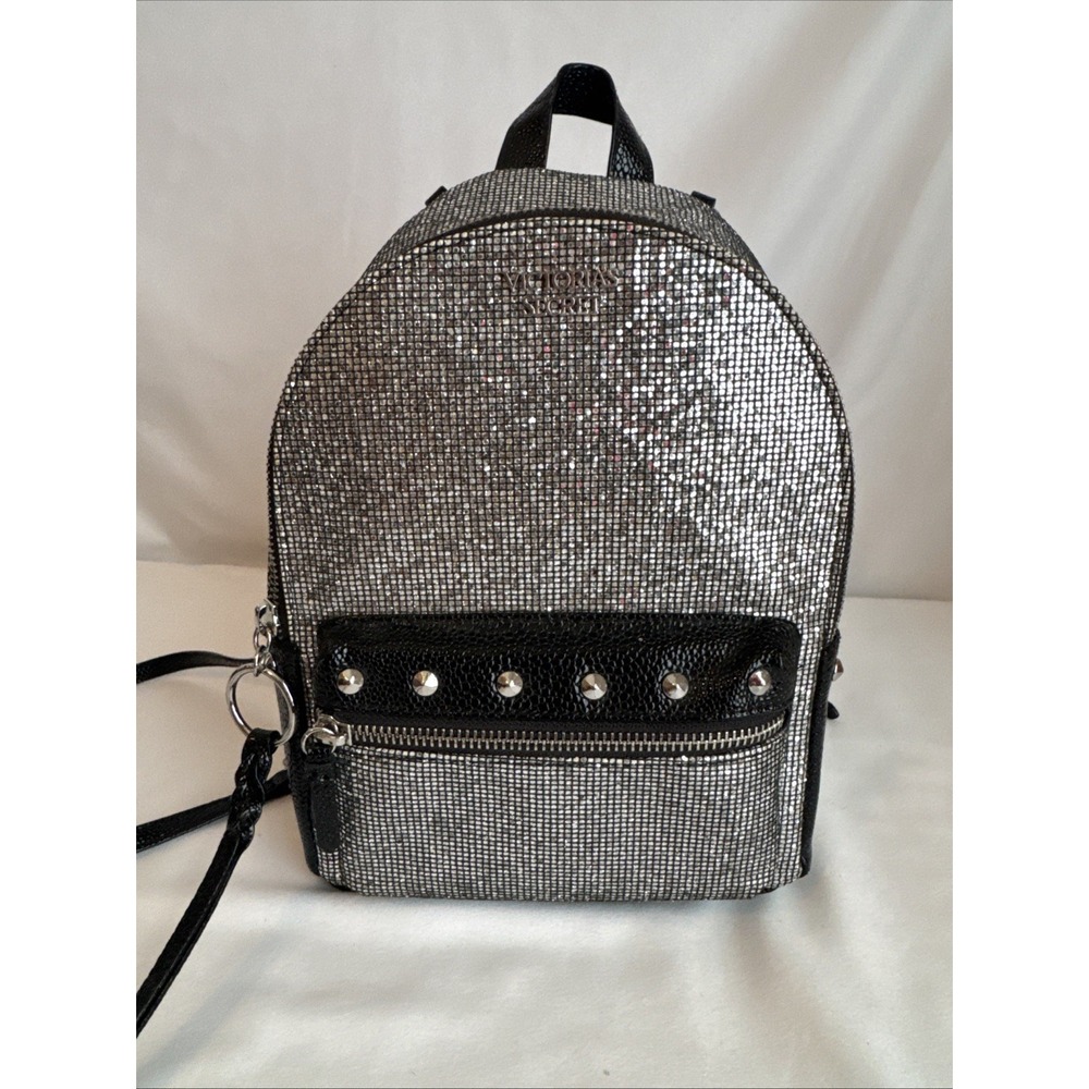 Victorias Secret Silver Sparkle Small City Backpack Purse Bag Studded W/Pockets